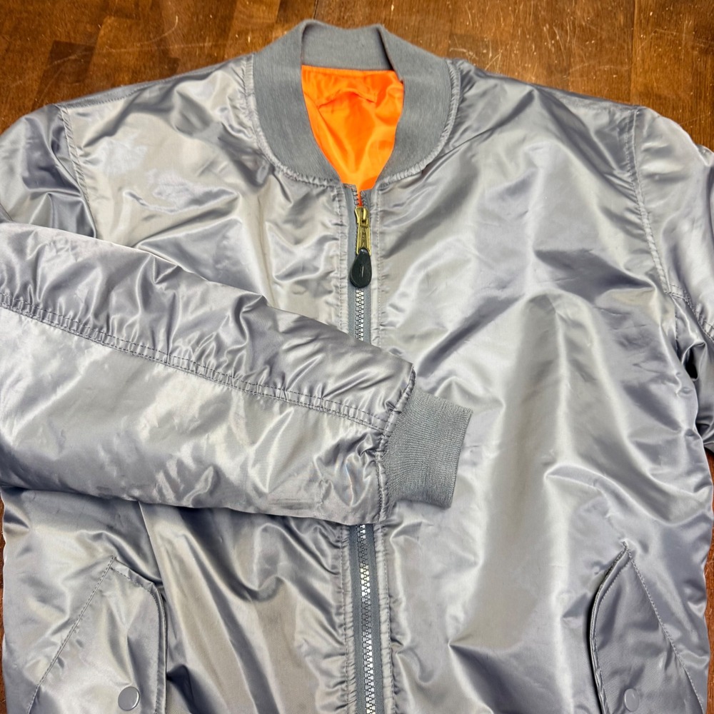 MA-1 Flight Military Style Bomber Jacket Mens XL Gray Satin Padded Reversible